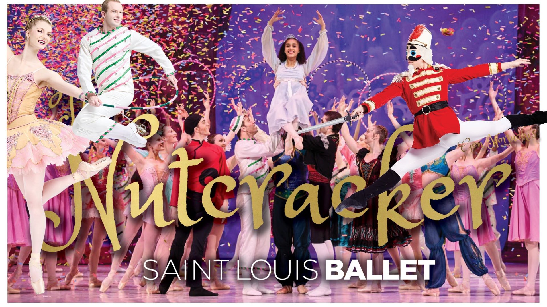 Promotional graphic for the Saint Louis Ballet's production of "The Nutcracker," featuring dancers in colorful costumes performing on stage.